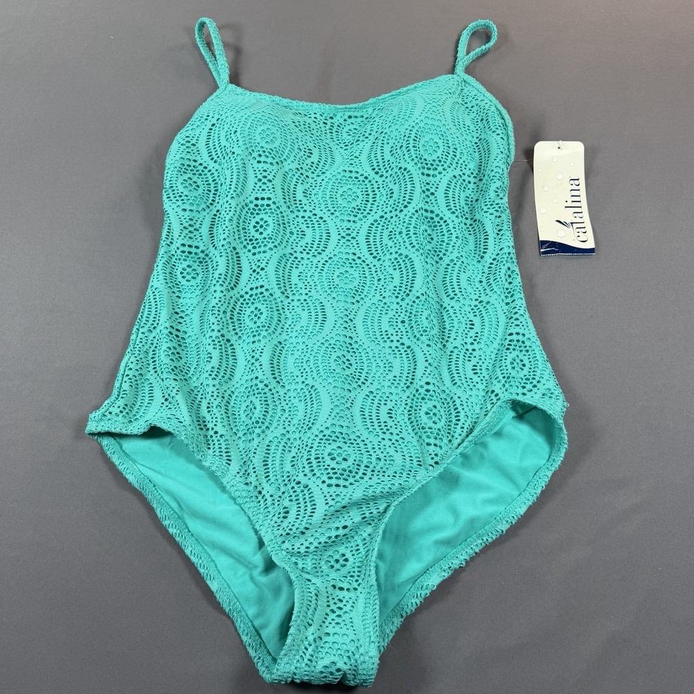 CATALINA Swimsuit‎ One-Piece Women's LARGE Crochet Overlay Teal Blue NEW